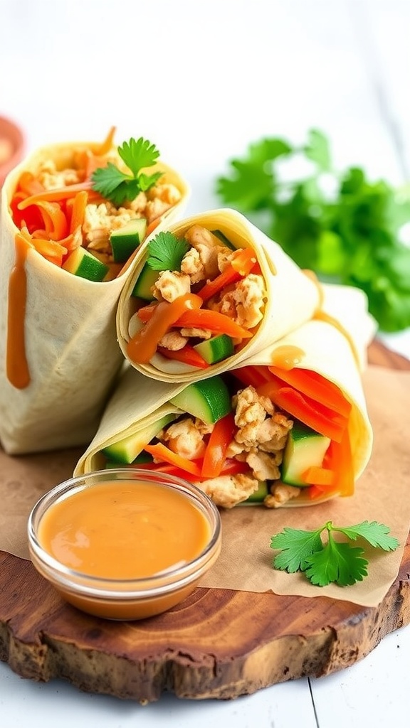 Thai peanut turkey wraps filled with turkey, vegetables, and peanut sauce, served with a bowl of sauce on a wooden board.